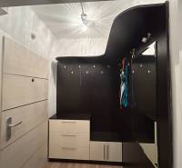 Előszoba praktikus bútor megoldással egy egyszobás lakásban, fa dekor padlóval.