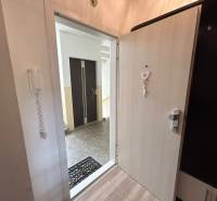 Bejárati ajtó dekoratív függővel és fa dekoros padlóval az egyszobás lakásban.