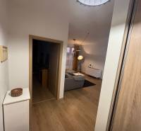 Folyosó egy kétszobás lakásban, fa mintázatú padlóval, amely a nappaliba vezet.