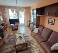 Nappali egy háromszobás lakásban kanapékkal, szekrényekkel és fa dekorációjú padlóval.