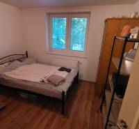 Hálószoba egy háromszobás lakásban fém ággyal és fa dekoros padlóval.