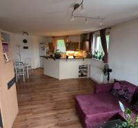 Nappali konyhával egy háromszobás lakásban, fa dekor padlóval.