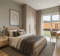 Családi ház belső tere ággyal, szekrényekkel, képpel és fa dekorációjú padlóval.