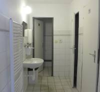 Fehér fürdőszoba mosdóval, radiátorral és mozgássérült WC-vel a raktárakban és csarnokokban.