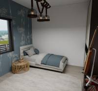 Szoba egy családi házban ággyal, gitárral és kék tapétával.