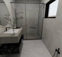 Fürdőszoba mosdóval, zuhanyzóval és ablakkal egy családi házban.