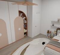 Gyerekszoba családi házban ággyal, szekrényekkel és dekoratív játékokkal, fa dekorációjú padlóval.