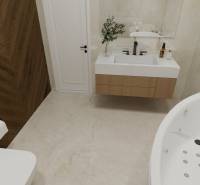 Fürdőszoba családi házban káddal, mosdóval és fa dekoros padlóval.