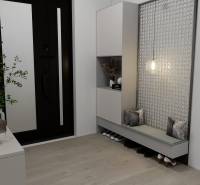 Családi ház belső tere fa mintázatú padlóval, előszoba ülőhellyel és tárolóhellyel.