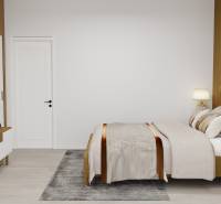 Hálószoba fa dekor padlóval, ággyal és televízióval a családi házban.