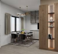 Családi ház fa mintás padlóval, kandallóval és étkezőasztallal.