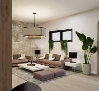 Nappali egy családi házban kényelmes kanapéval és fa dekorációjú padlóval.