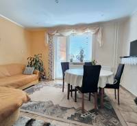 Családi ház nappalija étkezőasztallal, kanapéval és polcon lévő televízióval.