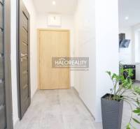 Folyosó egy kétszobás lakásban csempével, faajtókkal és egy cserepes növénnyel.