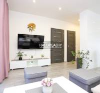 Nappali egy kétszobás lakásban, televízióval, növényekkel és fa dekorációjú padlóval.