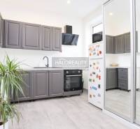 Konyha egy kétszobás lakásban fehér falakkal, szürke szekrényekkel és egy növénnyel.