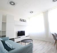 Garzonlakás nappali része kanapéval, televízióval és fa dekorációjú padlóval.