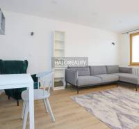 Nappali egy kétszobás lakásban kanapéval, asztallal, fotellel és fa dekorációjú padlóval.