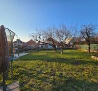 Kert a családi ház mellett a Napfény utcában, Újvárosban, fákkal és trambulinnal.