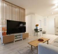 Világos nappali egy egyszobás lakásban, fa paravánnal és TV-vel, fa dekoros padlóval.