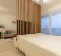 Konyha világos bútorokkal, kanapéval és ággyal egy egyszobás lakásban, fa dekoros padlóval.