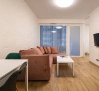 Nappali egy kétszobás lakásban kanapéval, televízióval és fa dekorációjú padlóval.