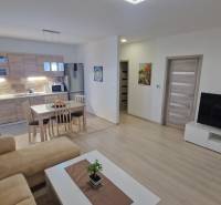 Nappali konyhával, fa hatású padló, étkezőasztal, kanapé, TV állvány.