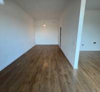 Kétszobás lakás fa mintázatú padlóval és fehér falakkal.