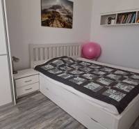 Hálószoba egy háromszobás lakásban gardróbbal, ággyal, könyvekkel és fa dekorációjú padlóval.