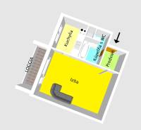 1 szobás lakás alaprajza előszobával, fürdőszobával és loggiával.