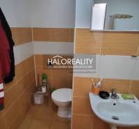 Fürdőszoba WC-vel és mosdóval egy egyszobás lakásban, meleg tónusú csempékkel.