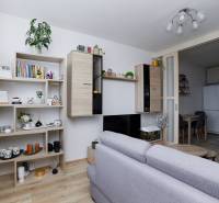 Nappali egy kétszobás lakásban beépített bútorokkal és fa dekorációjú padlóval.