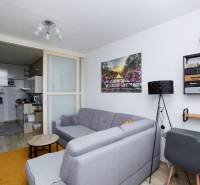 Nappali egy kétszobás lakásban, fa dekoros padlóval, szürke kanapéval és konyhához való hozzáféréssel.