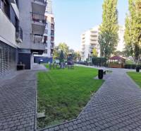 Kilátás egy lakóövezetre járdával és zöld gyepfelületekkel Pozsonyban, a Drieňová utcában.