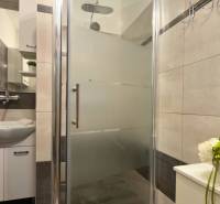 Zuhanyzó modern csempékkel és mosdóval egy háromszobás lakásban.