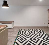 Nappali egy háromszobás lakásban, fa dekorációjú padlóval és mintás szőnyeggel.