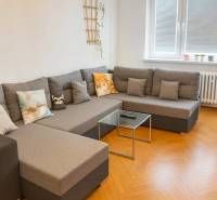 Nappali kényelmes kanapéval és fa mintázatú padlóval egy háromszobás lakásban.