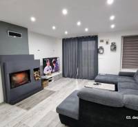 Nappali családi házban kandallóval, szürke kanapéval és televízióval, fa mintázatú padlóval.