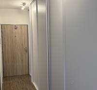 Fehér beépített szekrény és fa dekor padló az egyszobás lakásban.