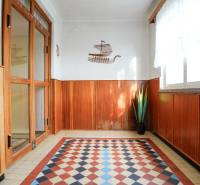 Családi ház belső tere fa dekorációval és színes csempével, növénnyel díszítve.