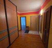 Folyosó egy 4 szobás lakásban fa dekorációs padlóval és beépített szekrényekkel.