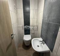 WC mosdóval családi házban, csempézett falak, fa dekoros padló.