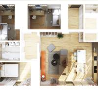 Családi ház alaprajza fa dekoros padlóval, nappalival, hálószobával és konyhával.