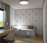 Gyerekszoba nyuszis tapétával, ággyal, asztallal és fa dekoros padlóval.