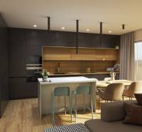 Konyha családi házban, szigettel, fekete szekrényekkel és fa dekorú padlóval.