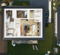 A Moravánok nad Váhom családi házának alaprajza fa dekorációs padlóval és kerttel.