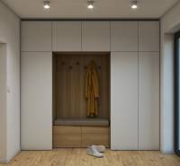 Családi ház előszobája gardróbfallal és fa mintázatú padlóval.