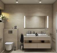 Fürdőszoba családi házban két mosdóval, megvilágított tükörrel és visszafogott dekorációkkal.