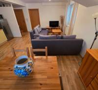 Nappali a nyaraló apartmanban fa dekorációs padlóval, kanapéval és dekoratív vázával.