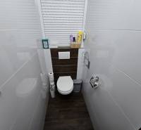 Fürdőszoba WC-vel és fa mintázatú padlóval egy háromszobás lakásban.